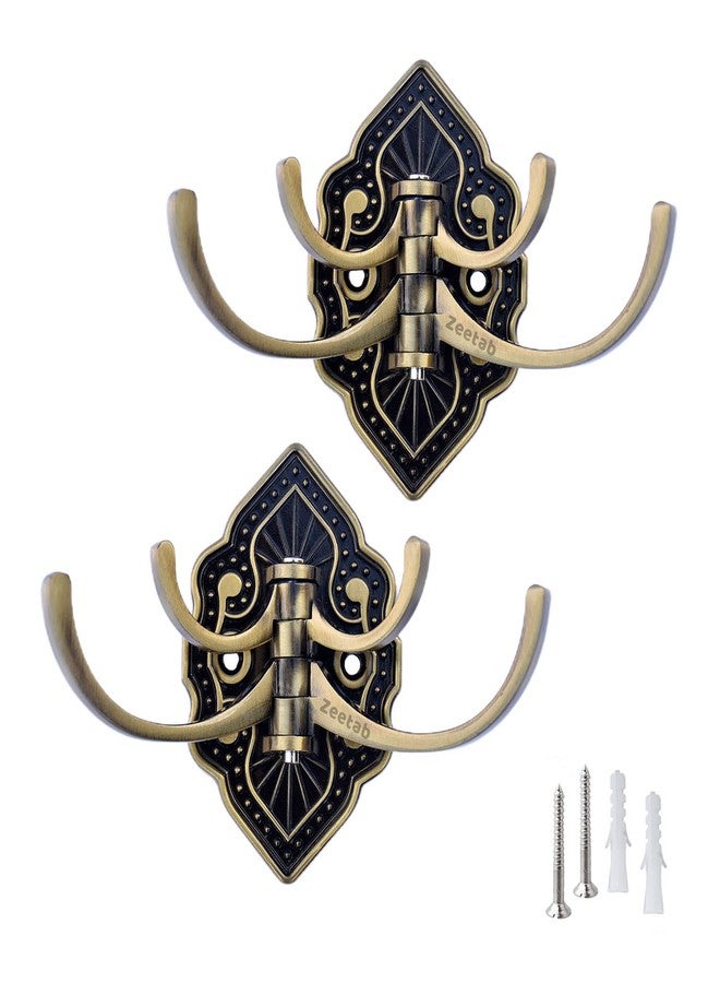 Zeetab Adjustable Cloth Hanger with 4 Hook | Royal Wall Mount Brass Key Holder | Antique Metal Rail & Robe for Bathroom Towel (Pack of 2, Flower Antique)
